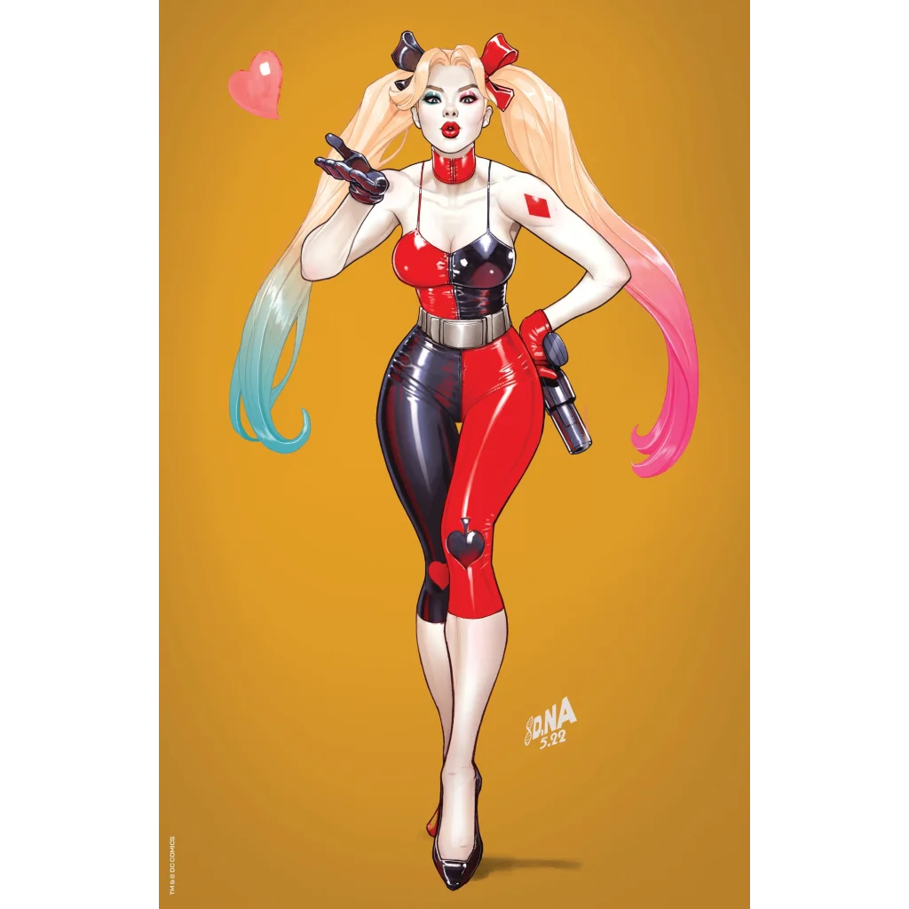Harley Quinn in shiny red and black bodysuit from Matteo Lolli comic cover preorder