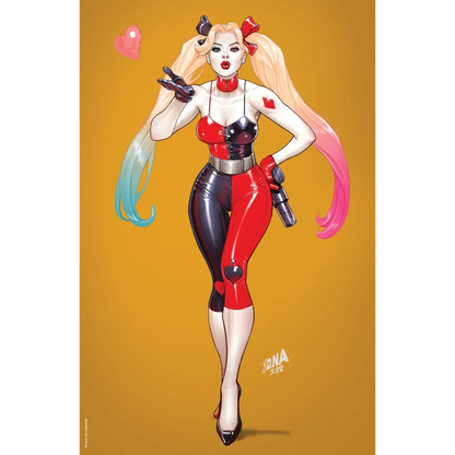 Harley Quinn in shiny red and black bodysuit from Matteo Lolli comic cover preorder