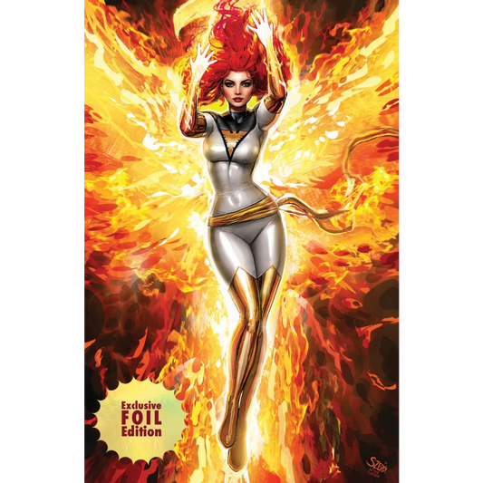 Comics exclusive Nathan White Phoenix foil variant comic cover with fiery energy art