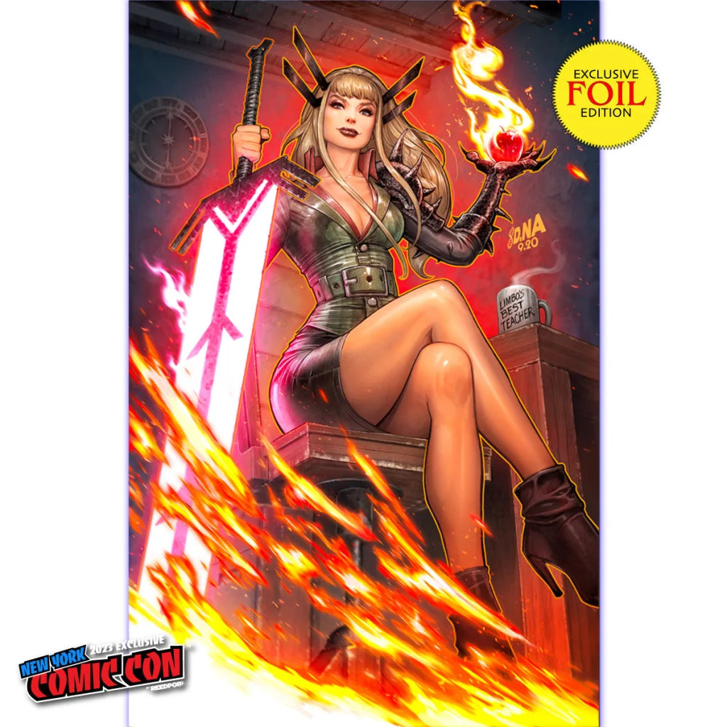 David Nakayama exclusive comic cover with powerful female, glowing sword, fiery apple