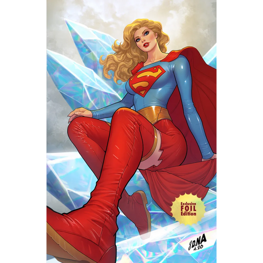 Superwoman in blue and red costume with gold accents seated on glowing crystal shards in david nakayama exclusive variant