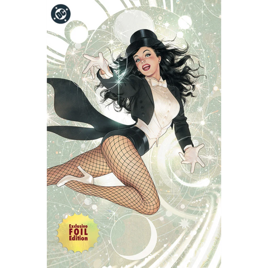 A black and white comic book cover featuring zatanna in tuxedo by josh middleton exclusive foil variant 2026