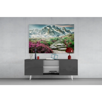 Stunning glass wall art print of vibrant mountain landscape with snow-capped peaks and purple shrubs