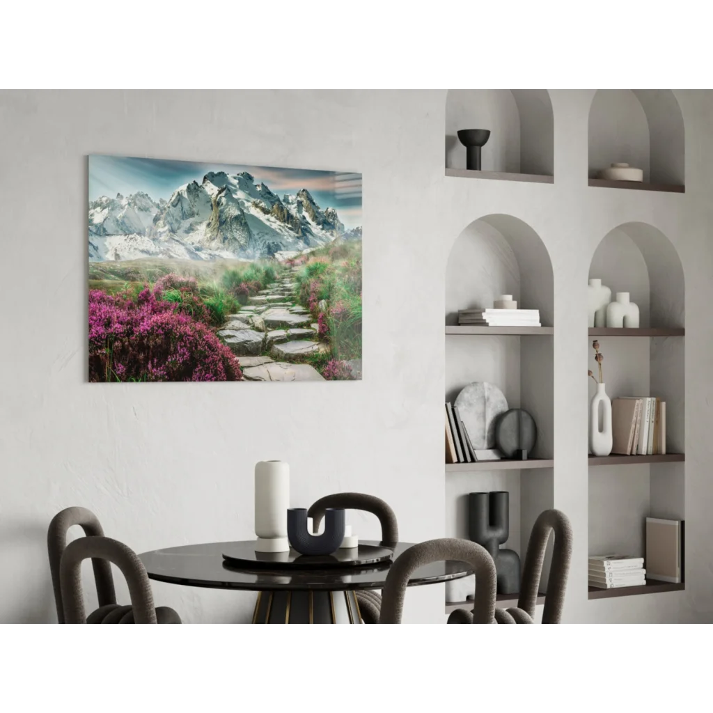 Vibrant snow-capped mountain glass wall art print