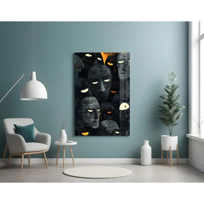 Glowing eyes abstract wall art canvas with black orange faces on teal wall