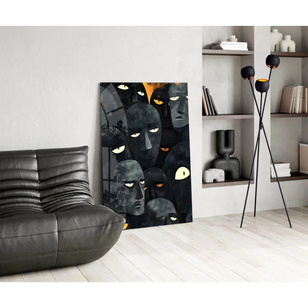 Striking black canvas wall art with glowing yellow eyes and dark mystique