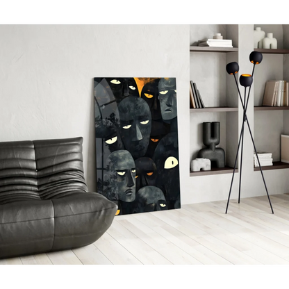 Striking black canvas wall art with glowing yellow eyes and dark mystique