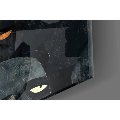 Dark gray cartoon cat with glowing yellow eyes in mystique wall art