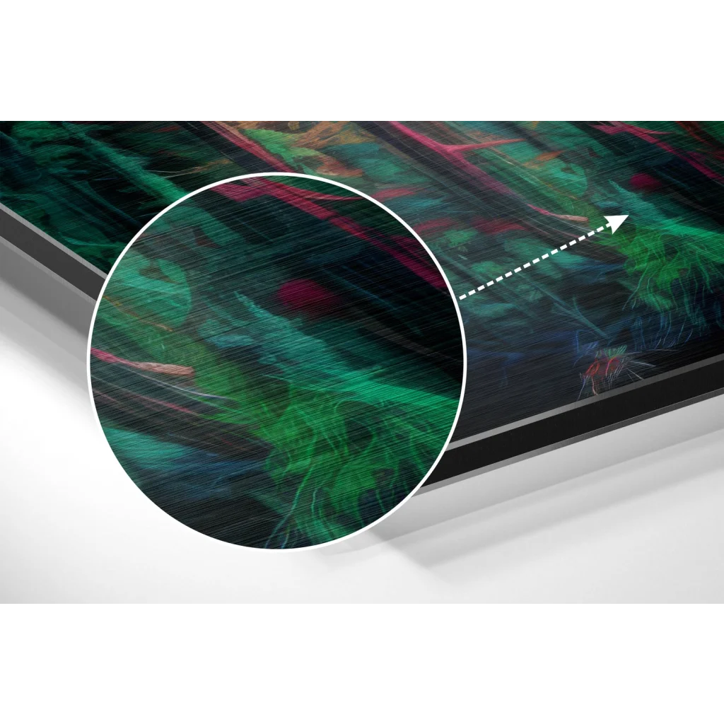 Vibrant abstract forest art on brushed aluminium dibond with green, pink, black swirls