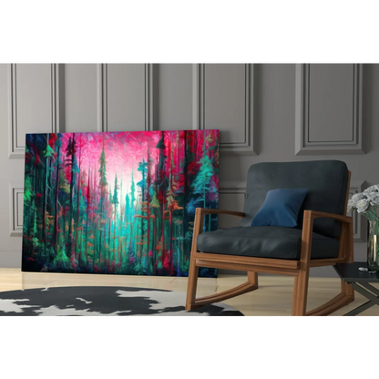 Dreamy pink forest glass wall art canvas print in vibrant teal and green hues