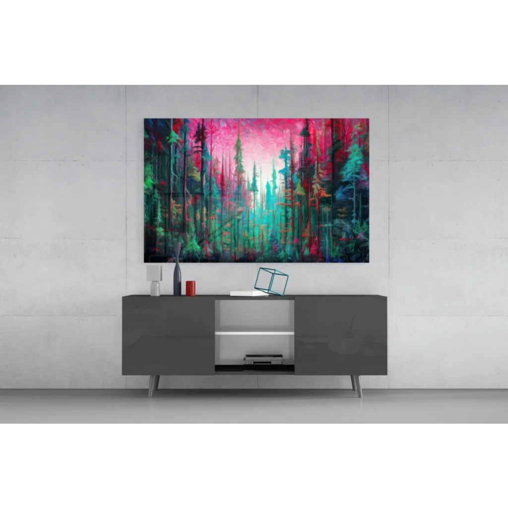 Dreamy pink forest glass wall art canvas print in vibrant hues