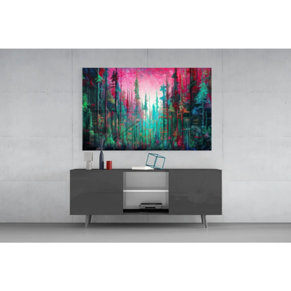 Dreamy pink forest glass wall art canvas print in vibrant hues