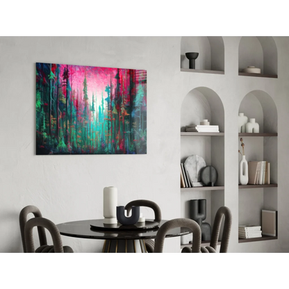 Dreamy pink forest glass wall art canvas print in vibrant teal and green hues