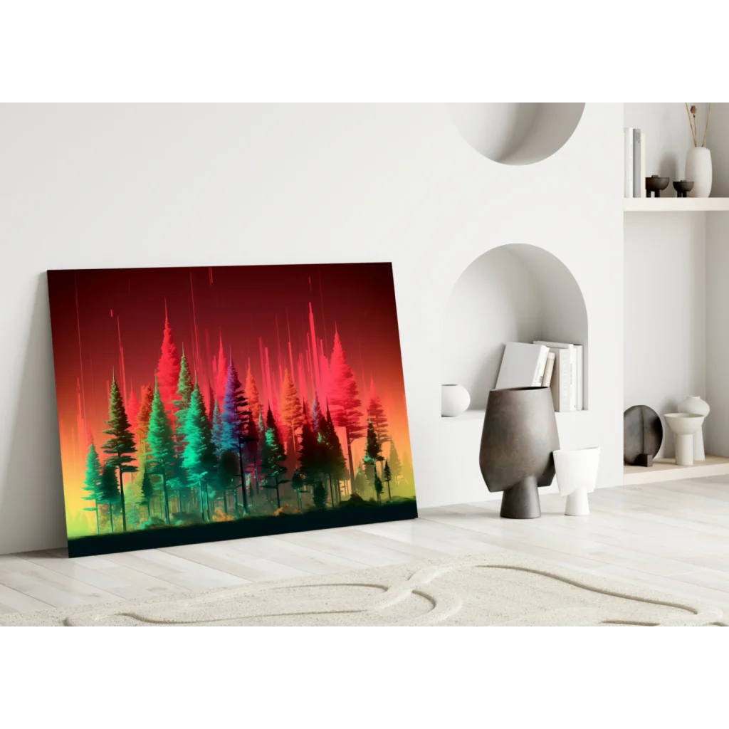 Neon Forest Glow glass wall art canvas print with vibrant neon trees
