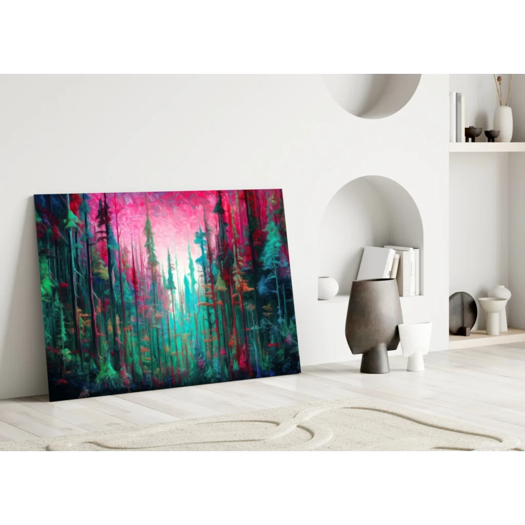 Dreamy pink forest glass wall art canvas print in vibrant teal and green hues