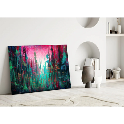 Dreamy pink forest glass wall art canvas print in vibrant teal and green hues