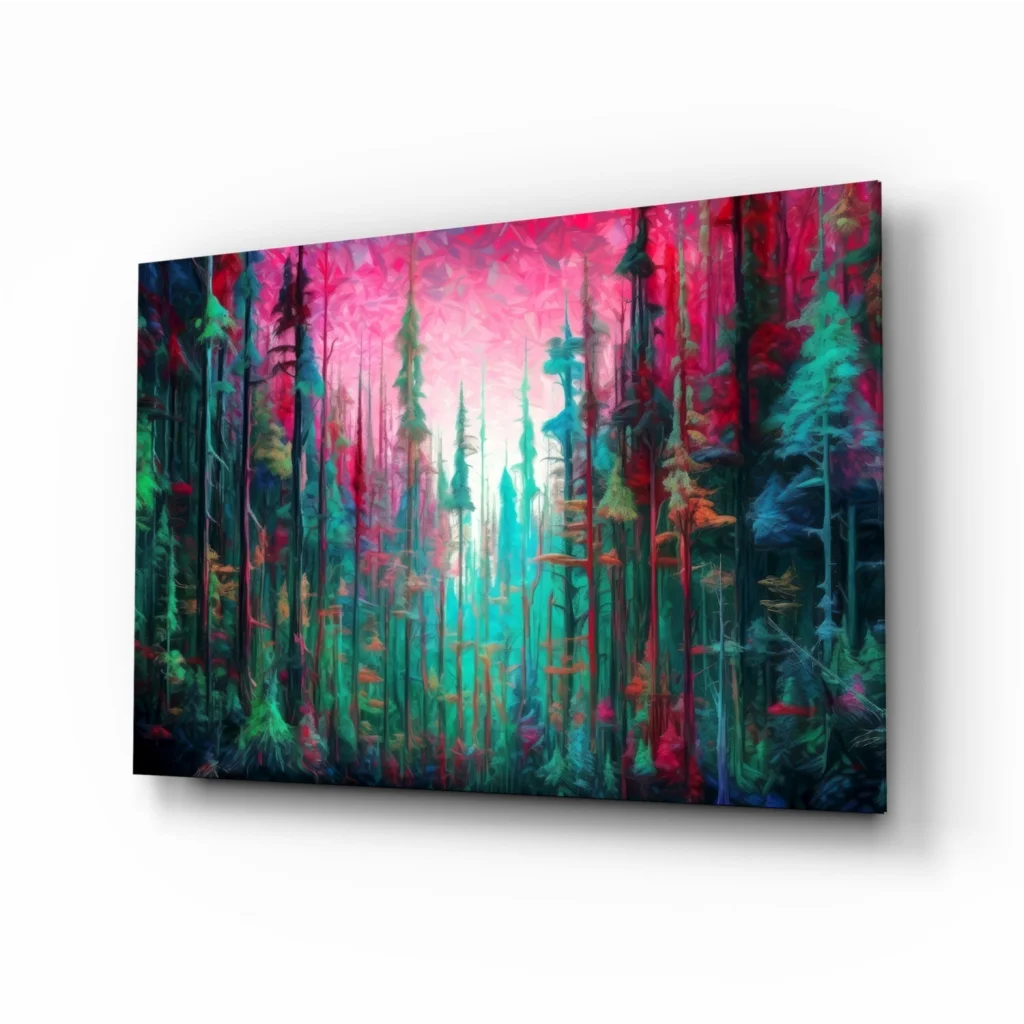 Dreamy pink forest glass wall art with teal trees on radiant sky canvas