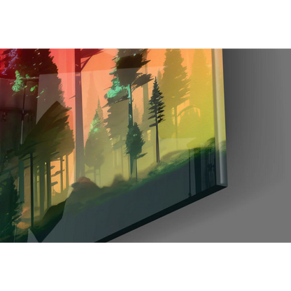 Neon Forest Glow glass wall art canvas with vibrant pine silhouettes