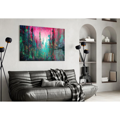 Dreamy pink forest glass wall art canvas print above sleek sofa