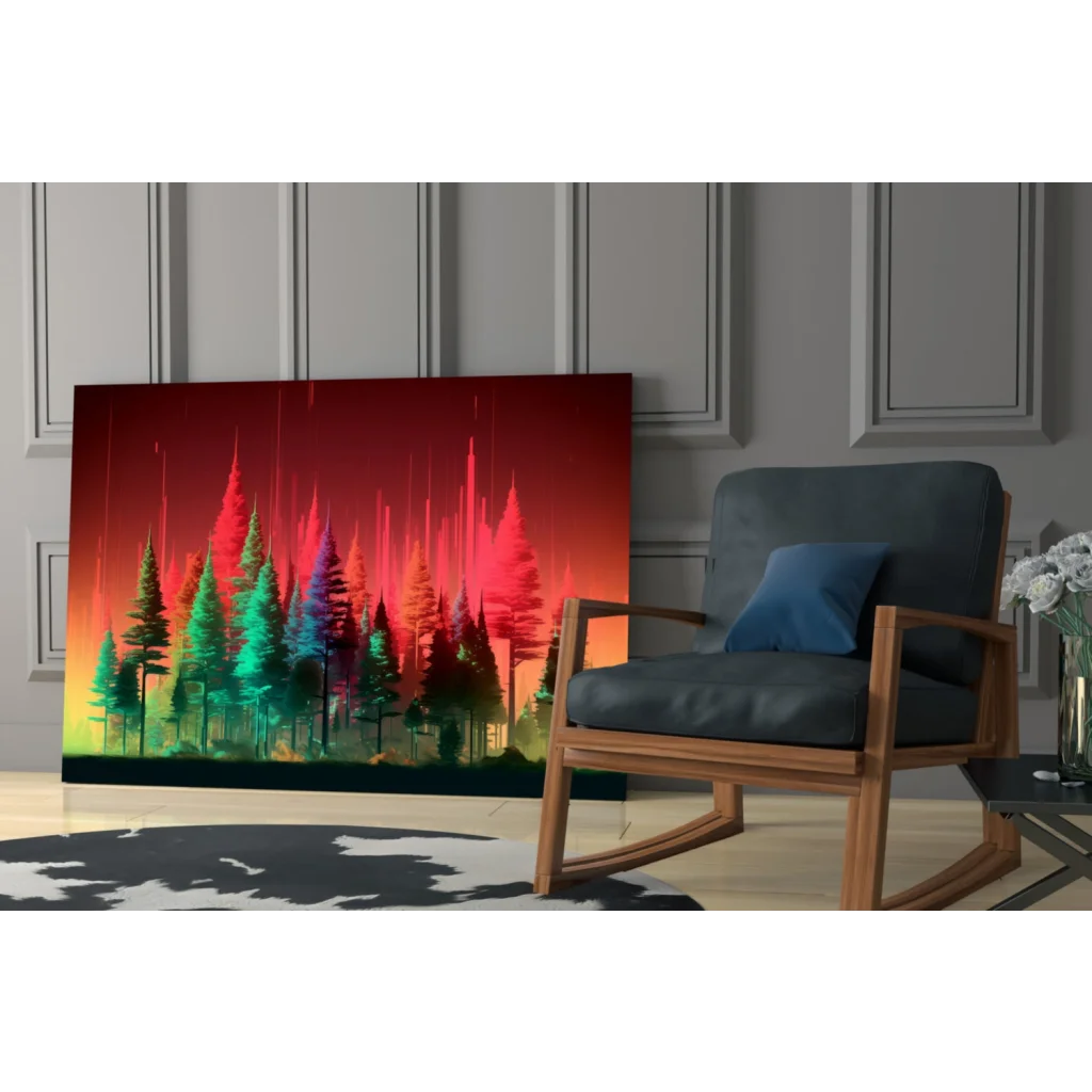 Vibrant neon forest glow glass wall art with glowing trees