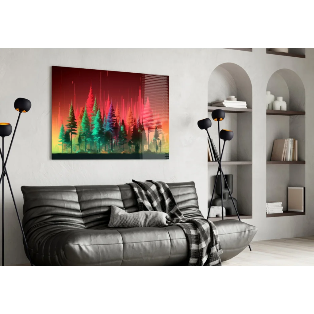 Neon forest glow glass wall art canvas print with vibrant hues