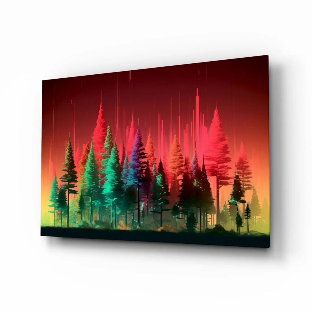 Vibrant neon forest glow glass wall art canvas print with stylized pines