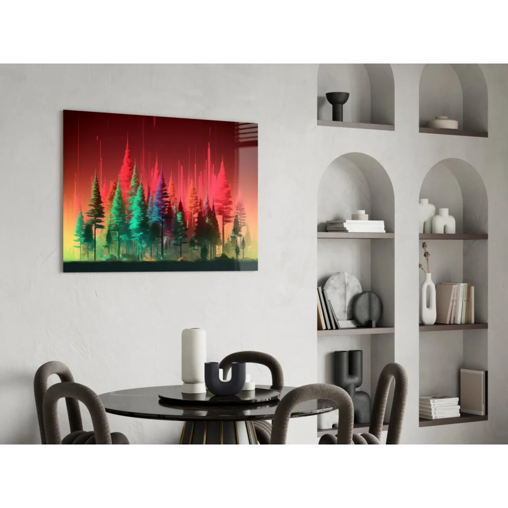 Neon Forest Glow glass wall art: vibrant aurora sky over colorful trees
