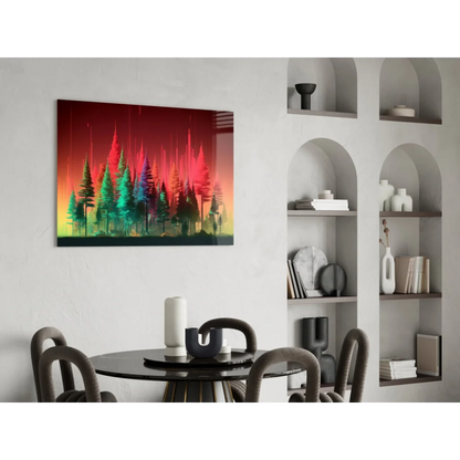 Neon Forest Glow glass wall art: vibrant aurora sky over colorful trees