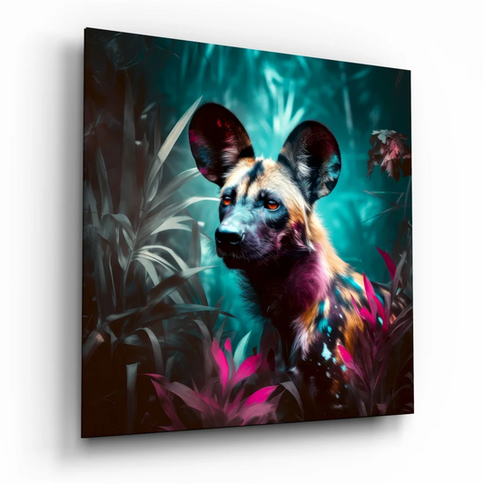 Vibrant African wild dog tempered glass art with bold orange eyes