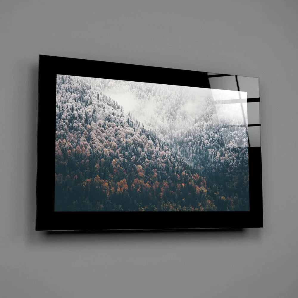 Stunning Autumn Forest Glass Wall Art with Misty Mountain Views | Glass Wall Art Print | vintageantiquesgifts.com