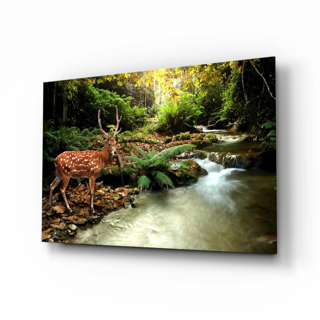 Brown spotted deer by forest stream glass wall art canvas print