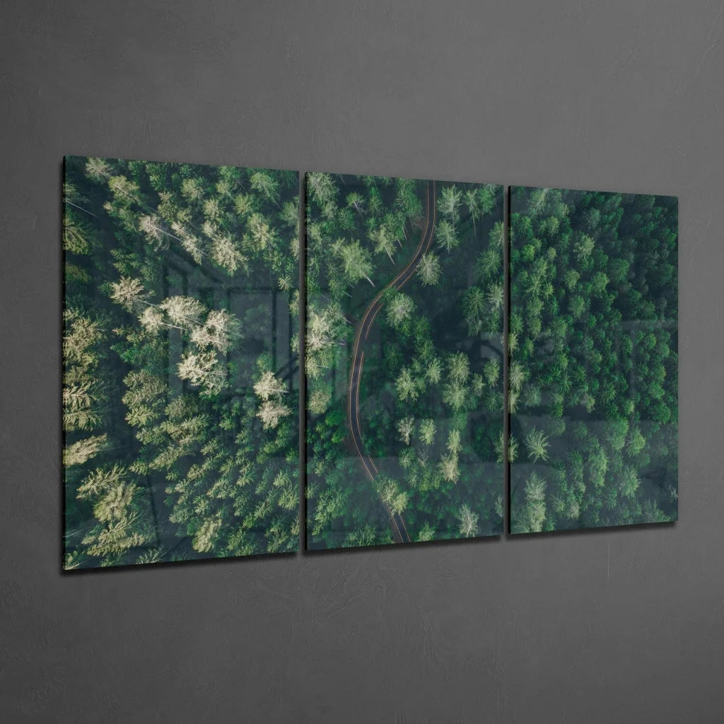 Three-panel green forest aerial view wall art on dark gray surface