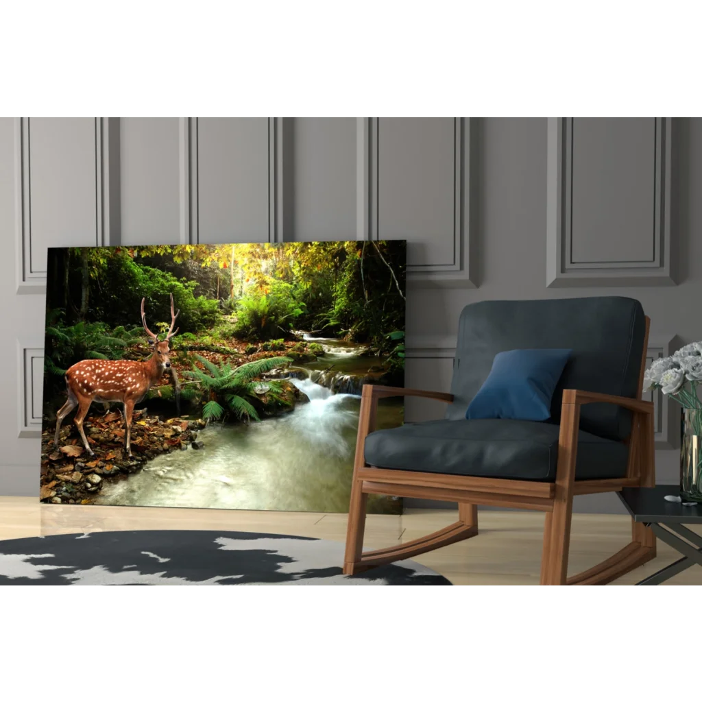 Spotted deer in forest stream glass wall art canvas print
