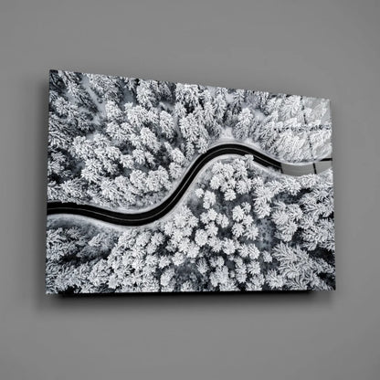 Snowy Forest Road Aerial View Canvas Wall Art | Glass Wall Art Print | vintageantiquesgifts.com