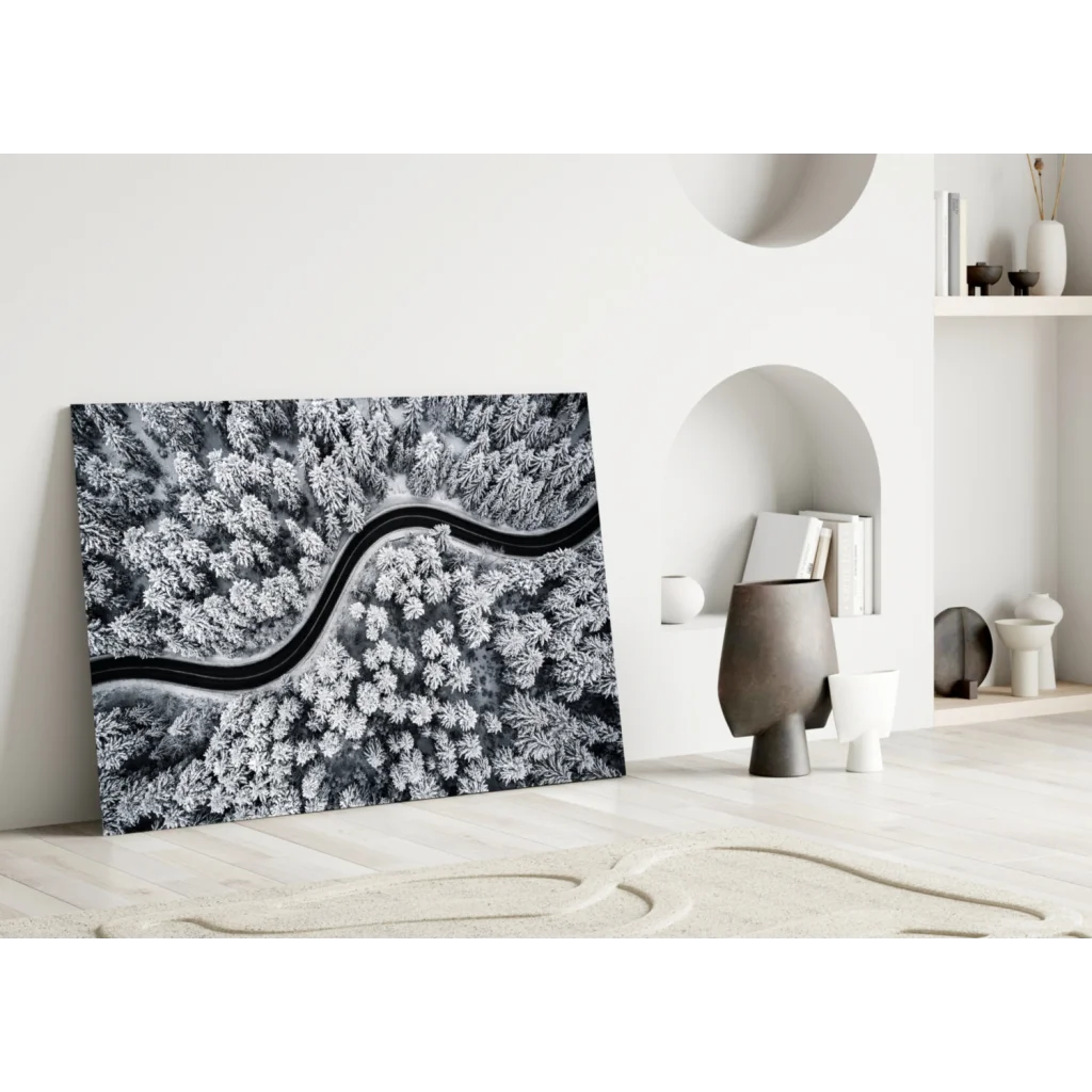 Snowy Forest Road Aerial View Canvas Wall Art | Modern Wall Art Decor | vintageantiquesgifts.com