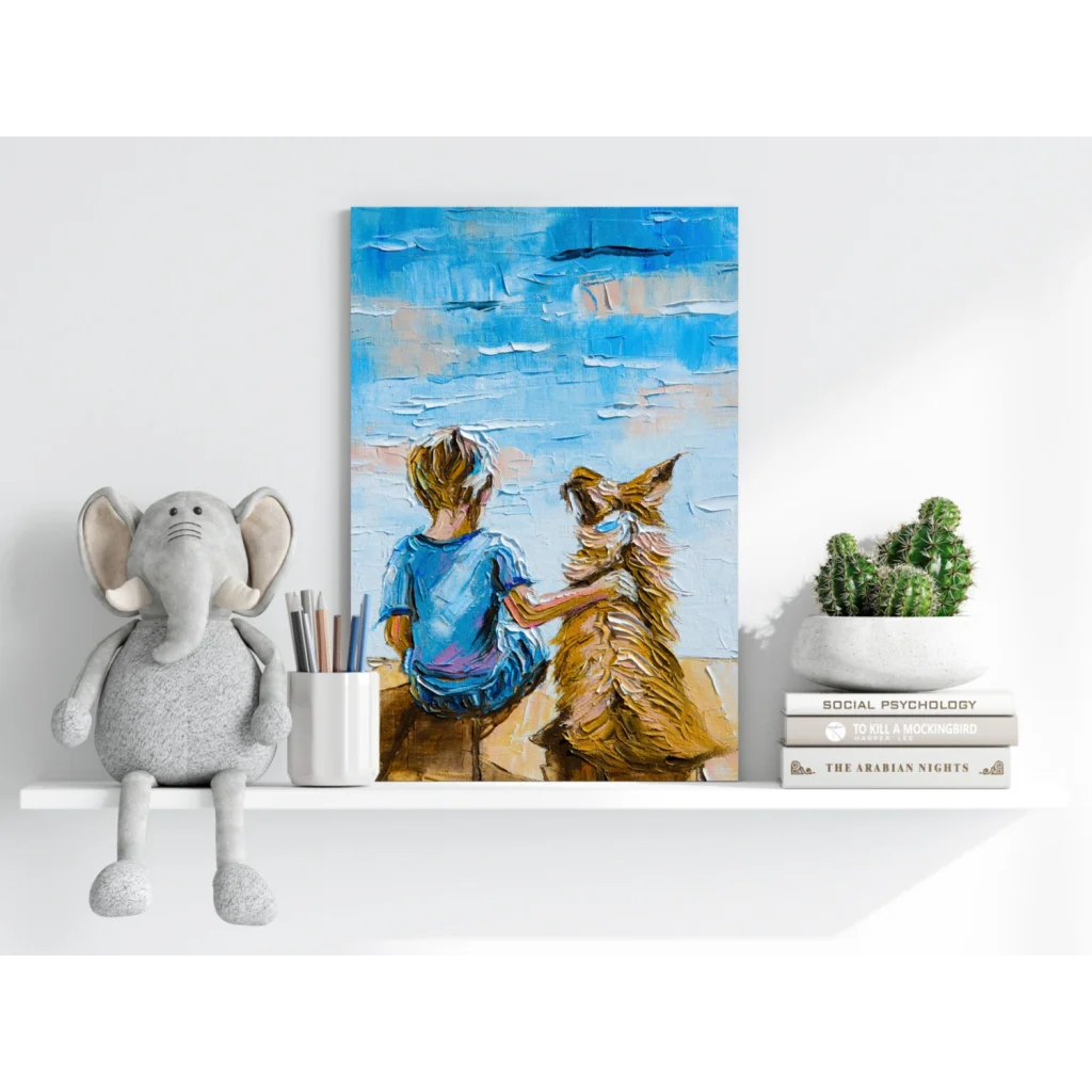 Vibrant child and dog oil painting on Insigne aluminum prints