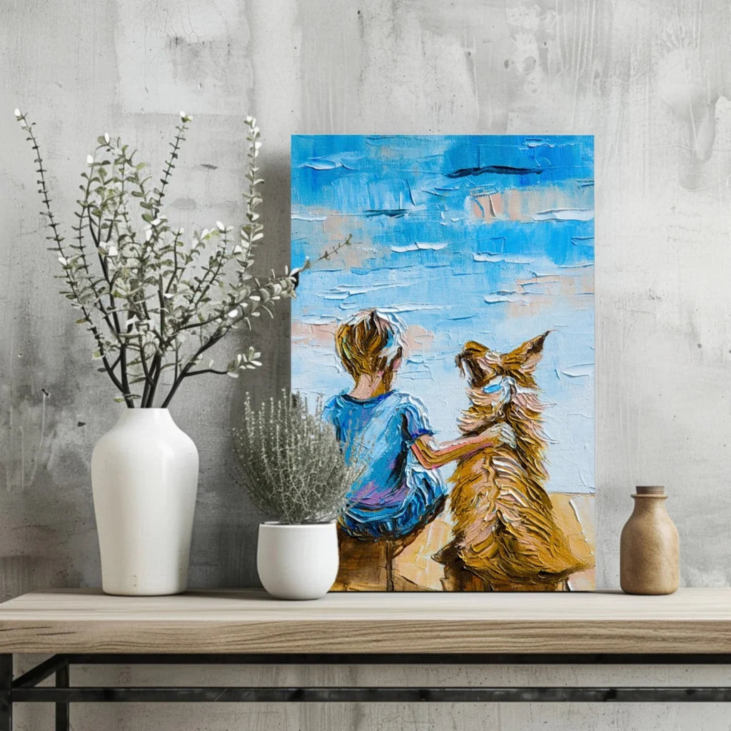 Insigne Aluminum Prints Child and Dog Ocean View Canvas Art | Glass Wall Art Print | vintageantiquesgifts.com