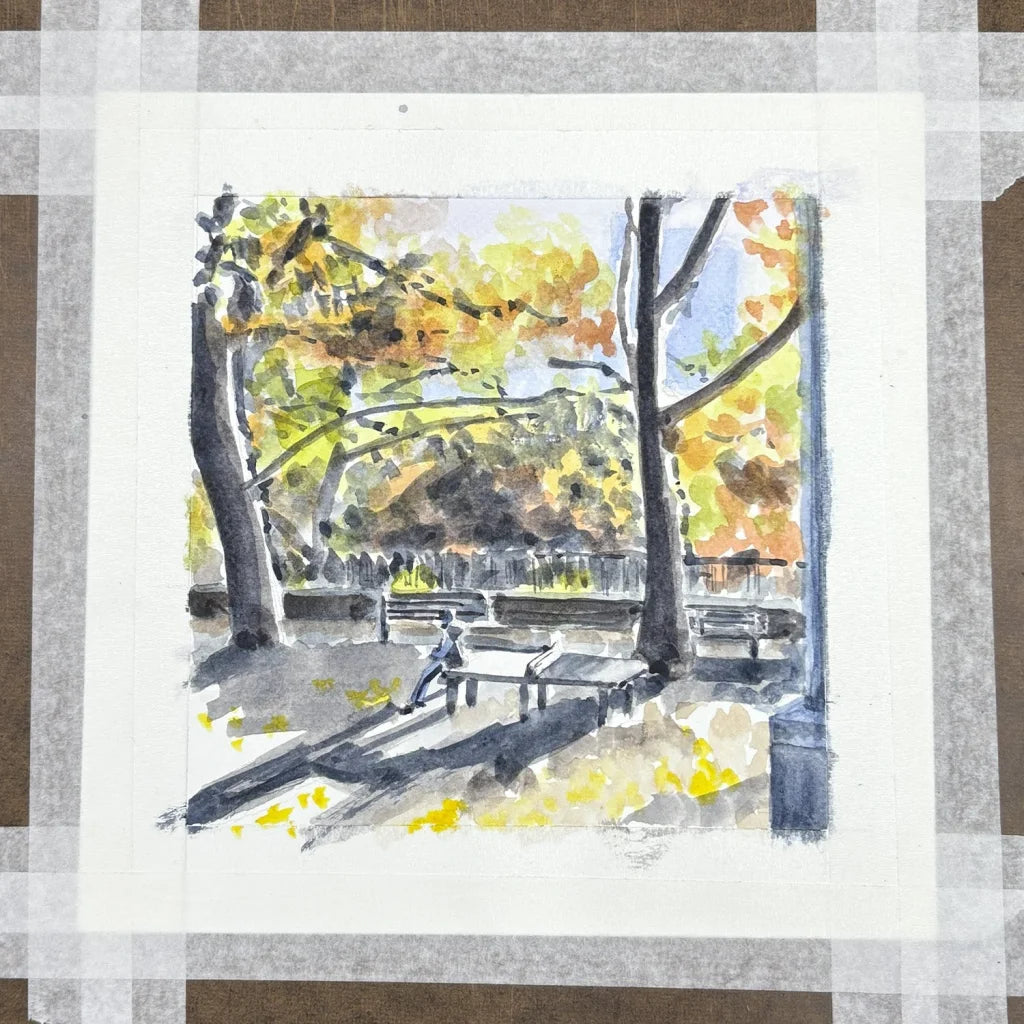 Yellow and black watercolor Fort Tryon Park bench print on white paper