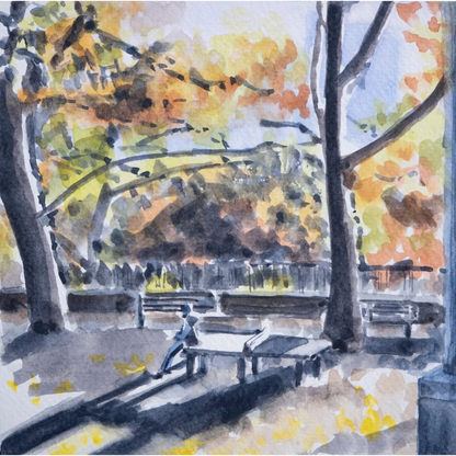 Black and white Fort Tryon Park bench watercolor print