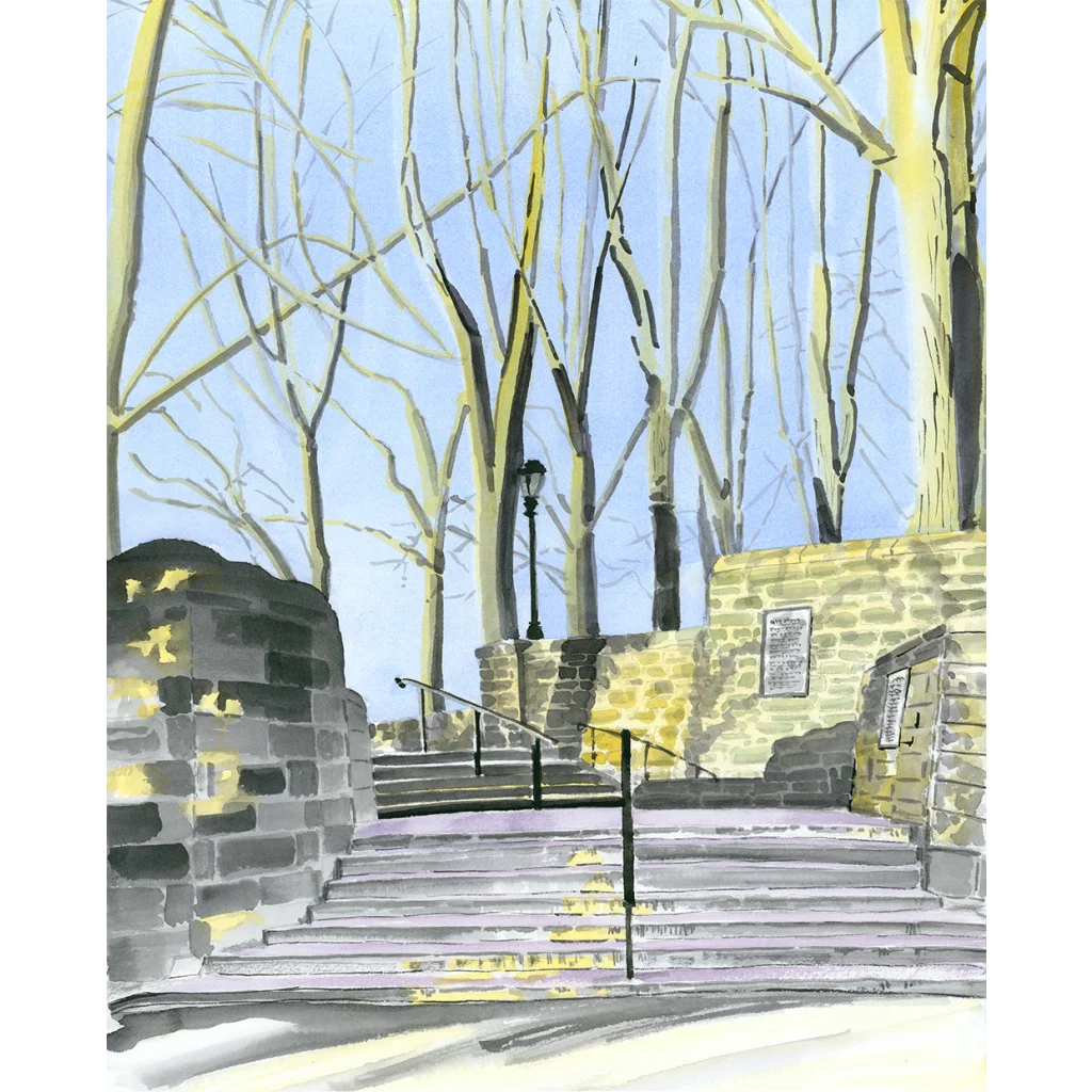 Fort Tryon Park Linden Terrace stone staircase with metal railings and yellow accents art print