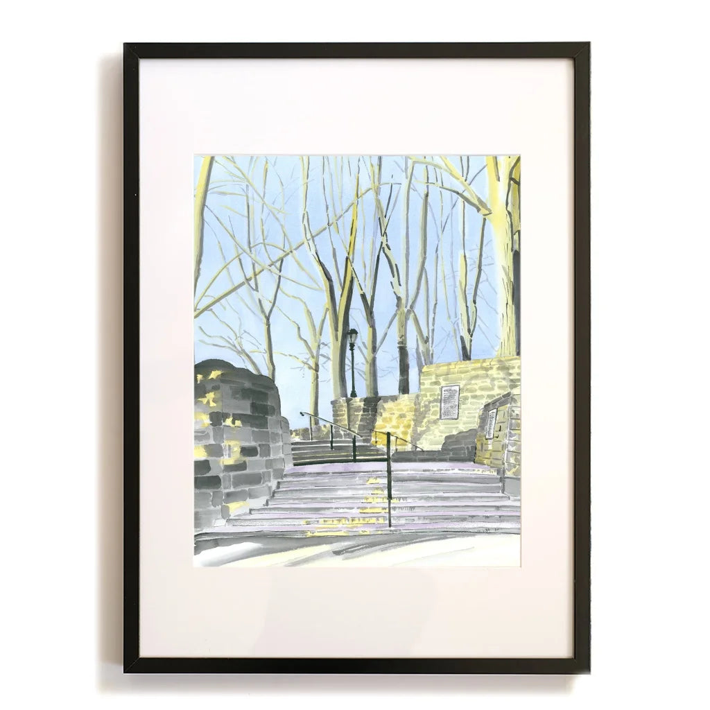 Black framed watercolor of Fort Tryon Linden Terrace stone steps and trees