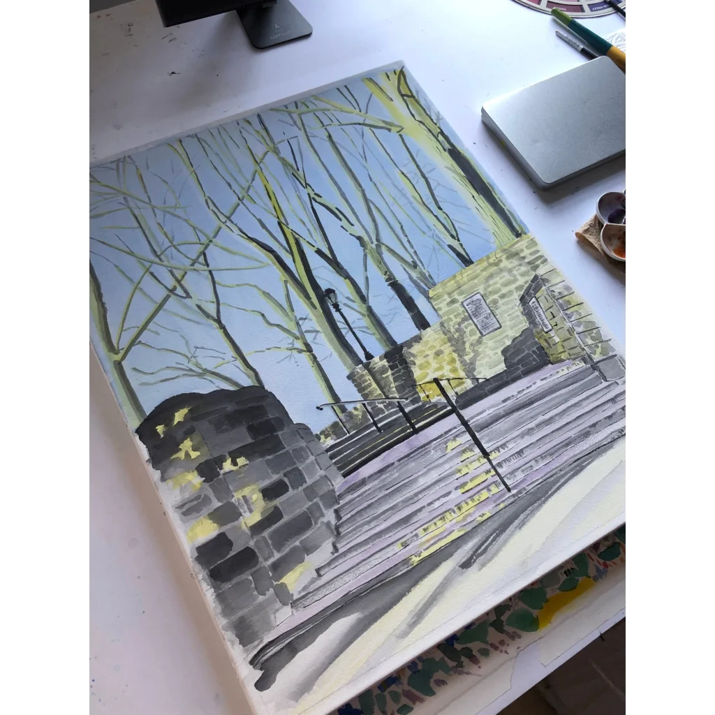 Charcoal drawing of Fort Tryon Linden Terrace stone staircase with trees