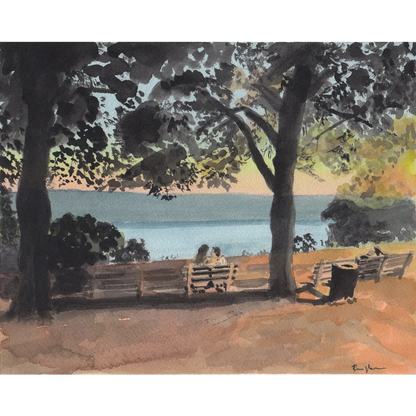 Wooden park bench with curved backrest in Fort Tryon Park Linden Terrace