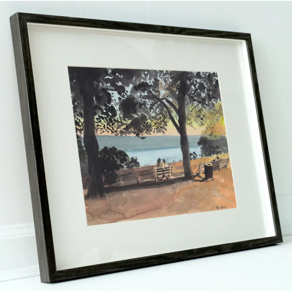 Black framed watercolor of Fort Tryon Park Linden Terrace seaside scene
