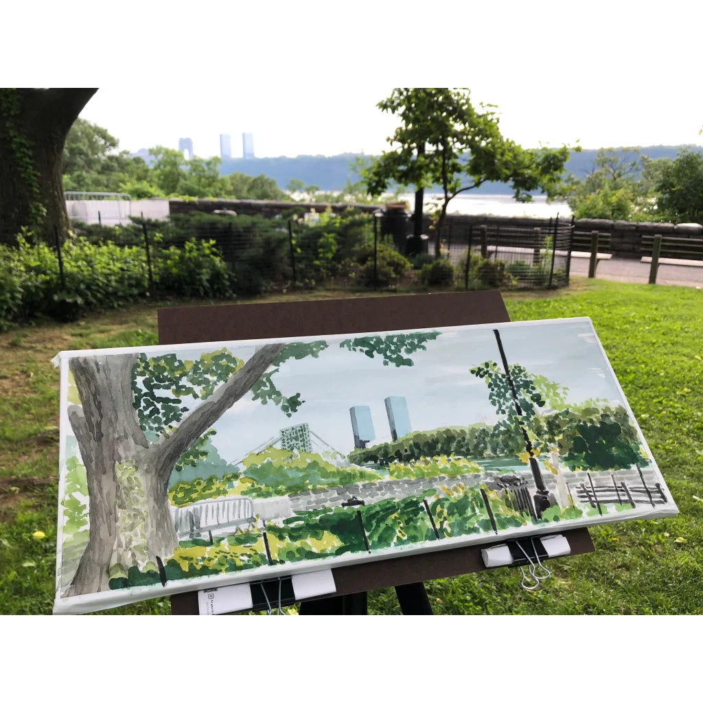 Fort Tryon Park plein air canvas of green trees and blue sky