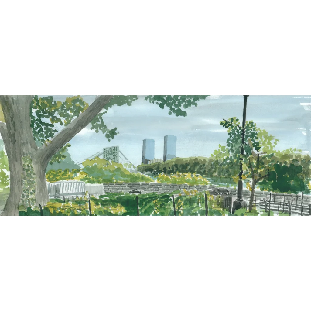 Fort Tryon Park plein air: green leafy tree, white fence, modern buildings