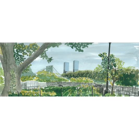 Fort Tryon Park plein air: green leafy tree, white fence, modern buildings