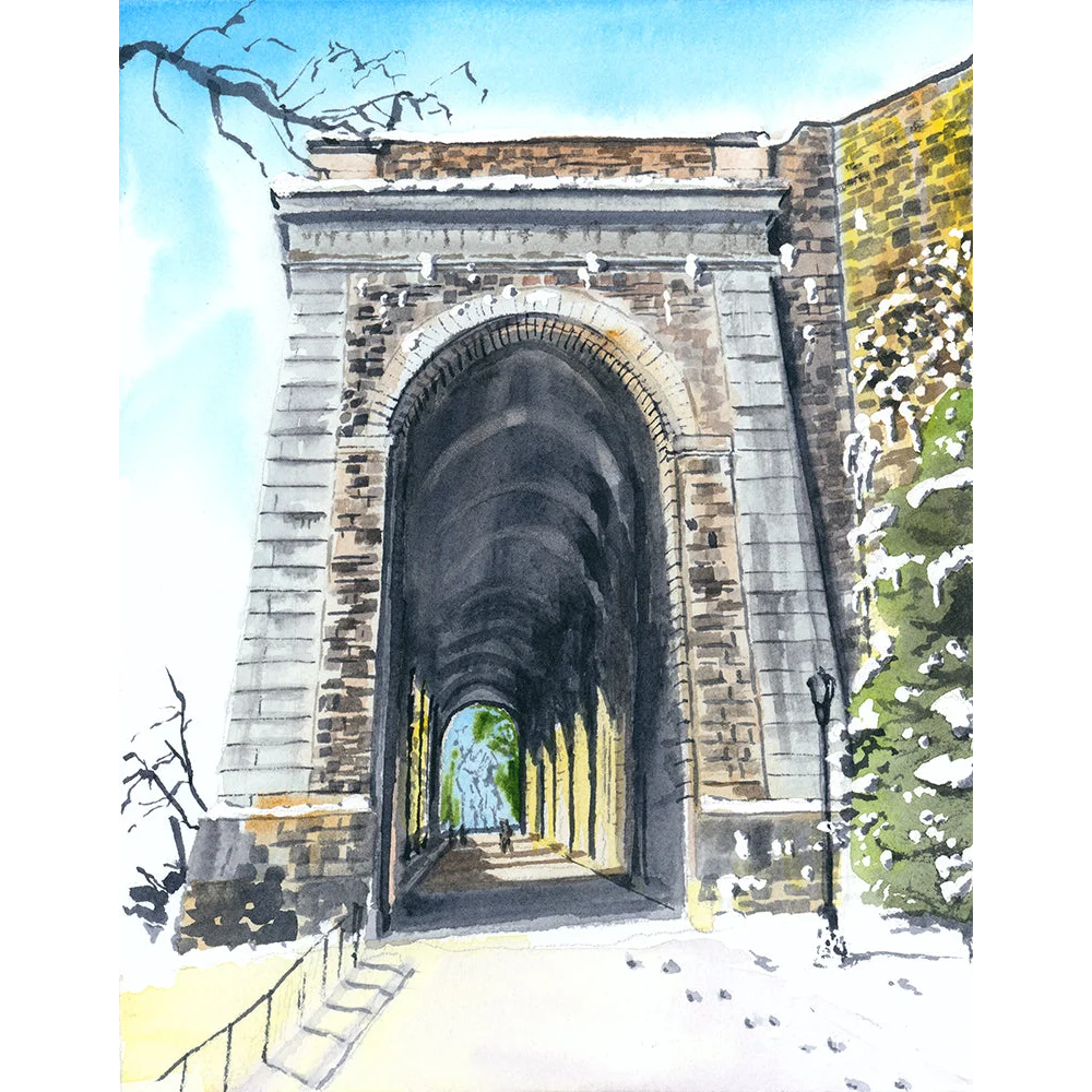 Fort Tryon Park watercolor stone archway mouse pad with blue sky