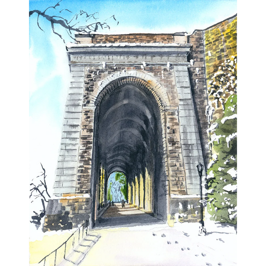 Fort Tryon Park watercolor stone archway mouse pad with blue sky