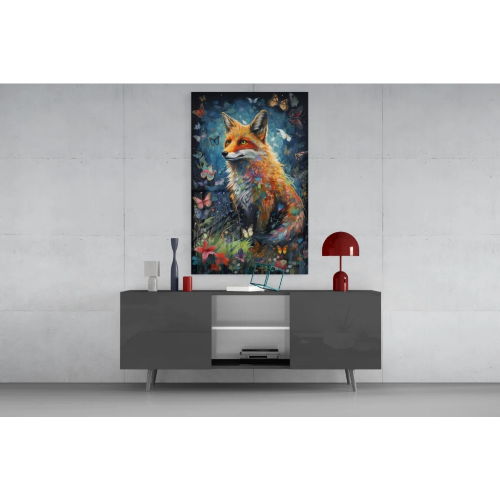 Vibrant red fox glass wall art portrait with butterflies and flowers
